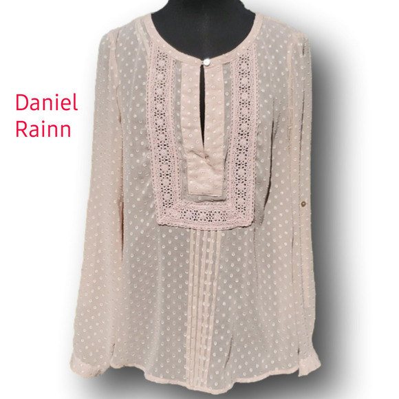 Daniel Rainn Dusty Rose Swiss Dot Crochet Bib Sheer Top Size Small - Picture 3 of 15